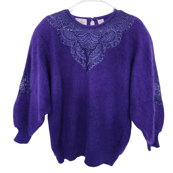 Eddie Dassin Vintage Angora Blend Embroidered Sweater L Purple‎ Cozy Retro 80s - Picture 1 of 8